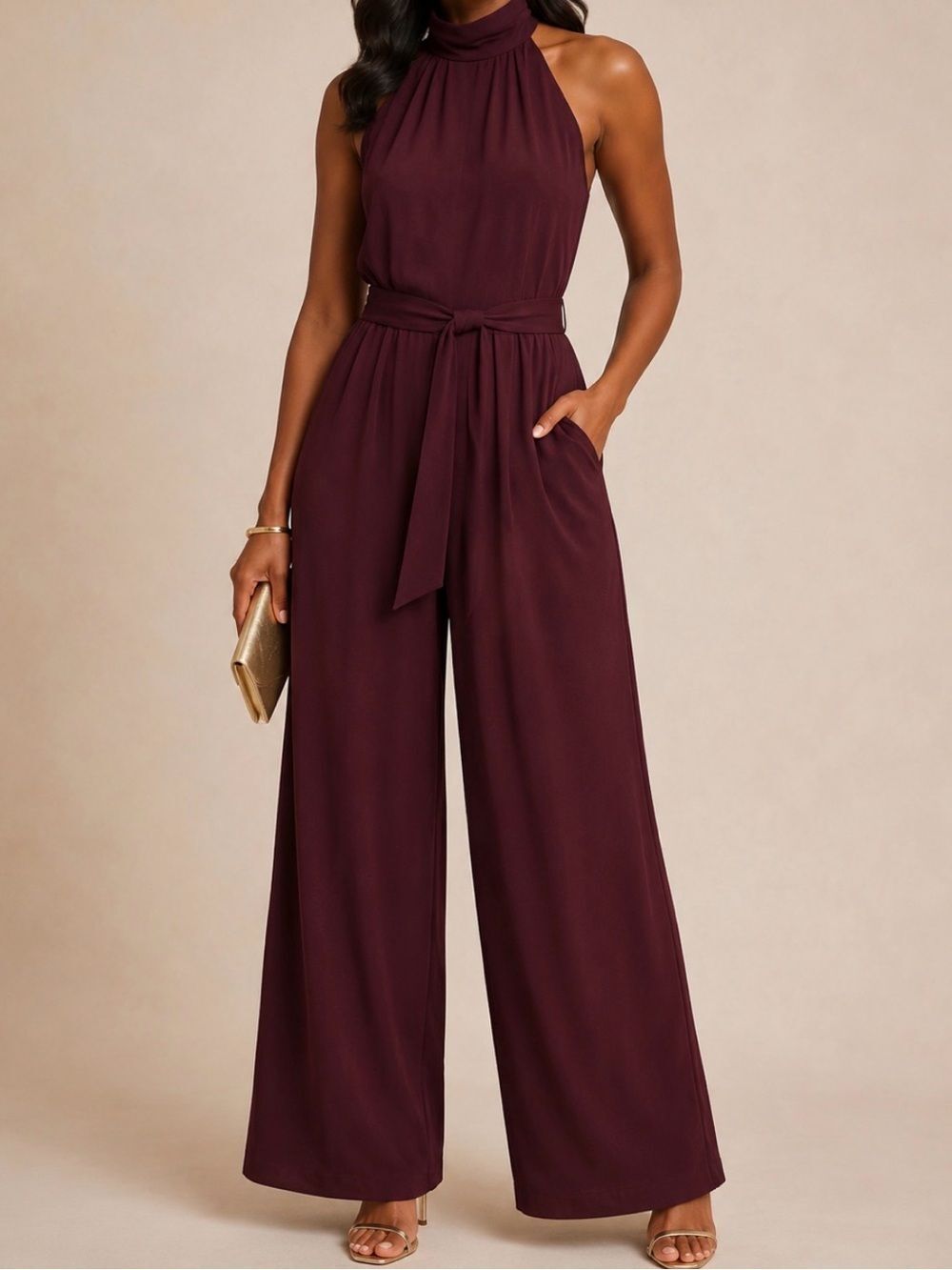 NWTTiana B. Sleeveless Halter Wide-Leg Jumpsuit in Burgundy SZ1X - Picture 2 of 10